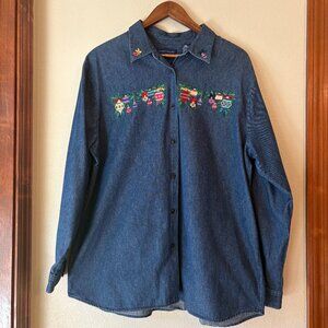 VTG 90s Karen Scott Embroidered Ornaments Baubles Ugly Christmas Denim Shirt XL